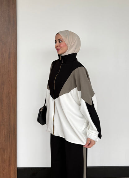 Contrast Panel Zip-Up Jacket & Wide-Leg Pants Set
