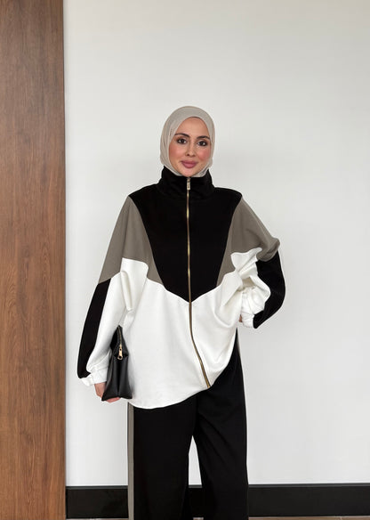 Contrast Panel Zip-Up Jacket & Wide-Leg Pants Set