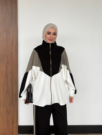 Contrast Panel Zip-Up Jacket & Wide-Leg Pants Set