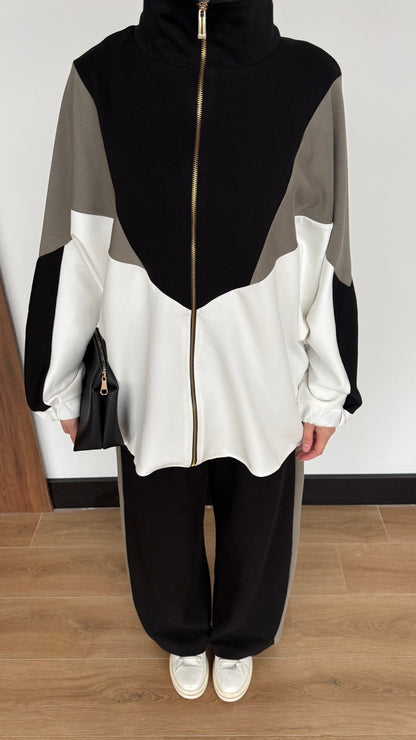 Contrast Panel Zip-Up Jacket & Wide-Leg Pants Set