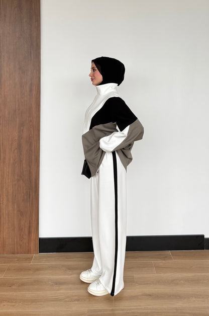 Contrast Panel Zip-Up Jacket & Wide-Leg Pants Set