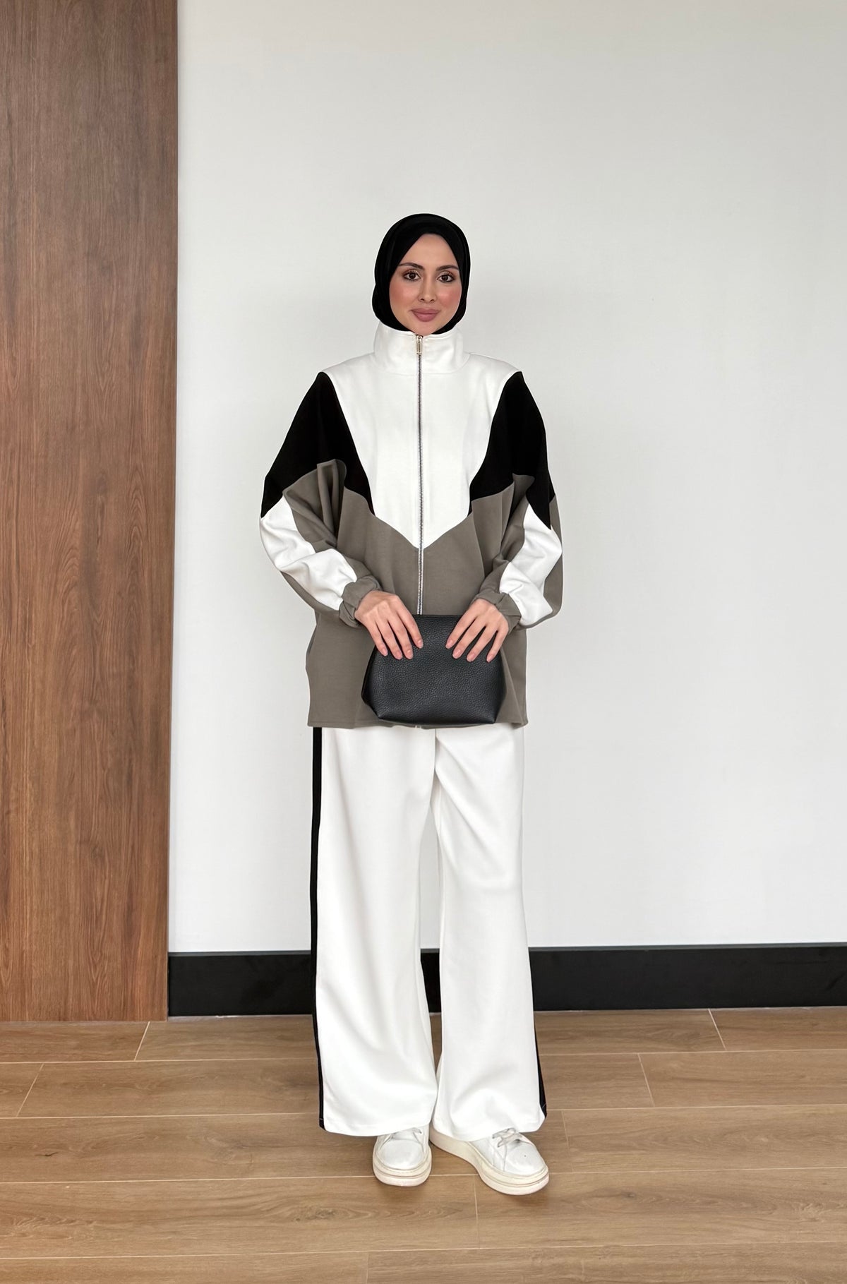 Contrast Panel Zip-Up Jacket & Wide-Leg Pants Set