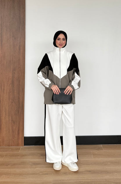 Contrast Panel Zip-Up Jacket & Wide-Leg Pants Set