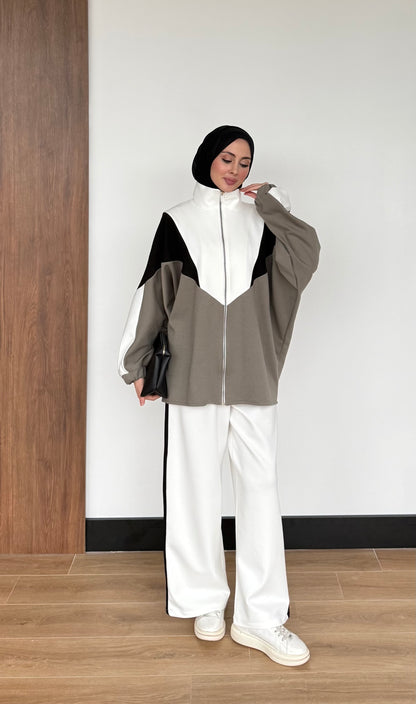 Contrast Panel Zip-Up Jacket & Wide-Leg Pants Set