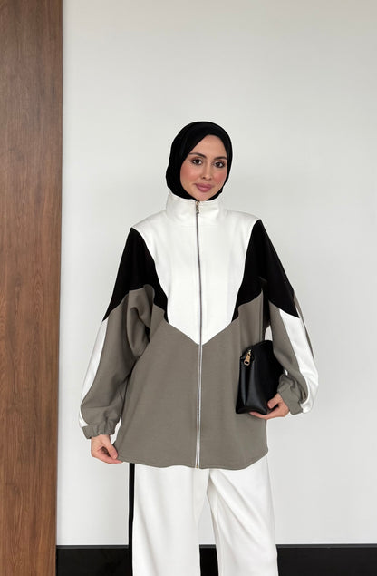 Contrast Panel Zip-Up Jacket & Wide-Leg Pants Set
