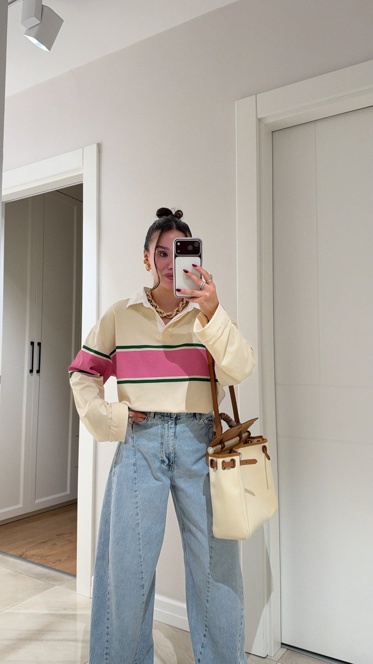 Zra model beige and pink Striped Polo Shirt