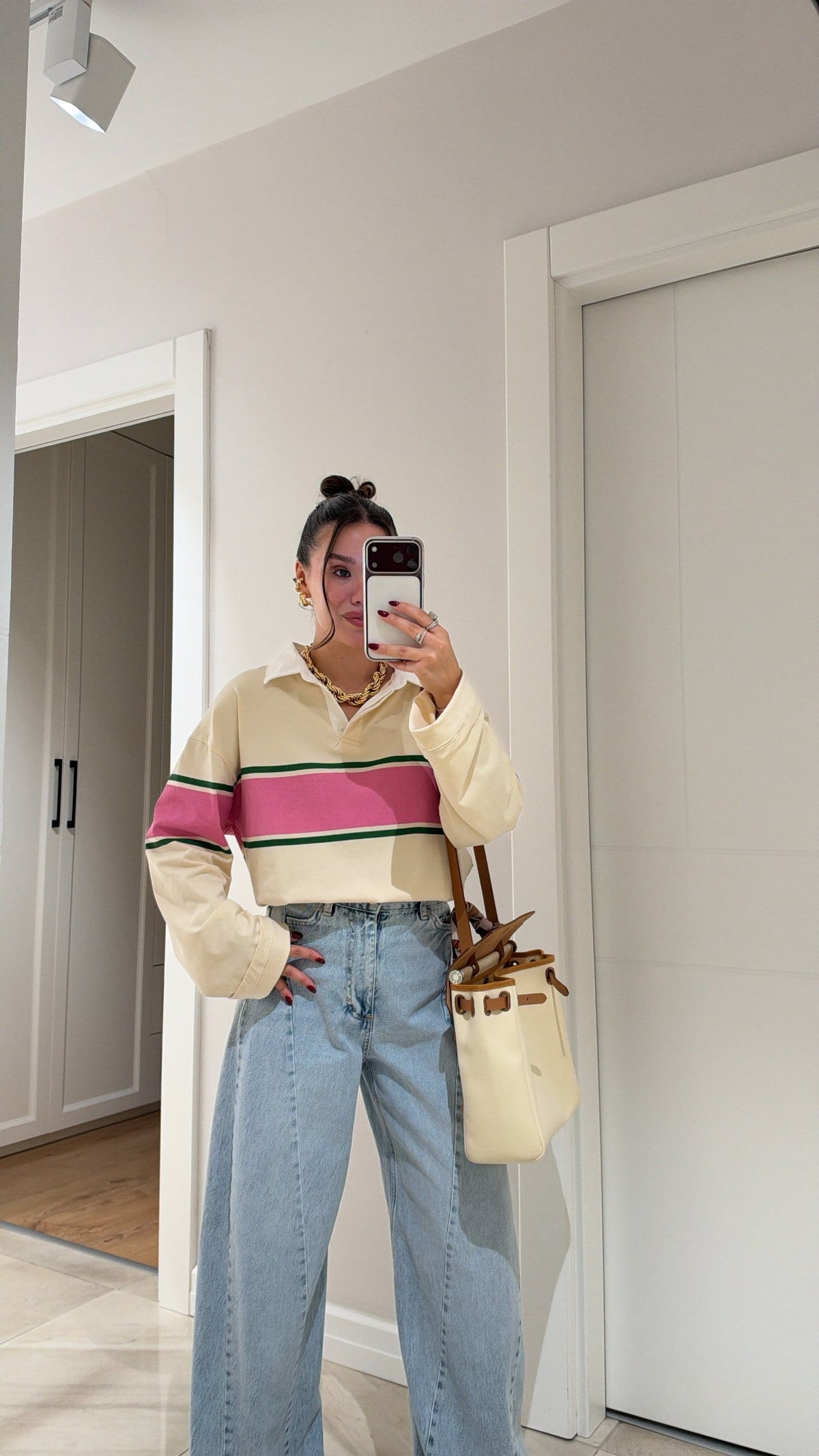 Zra model beige and pink Striped Polo Shirt