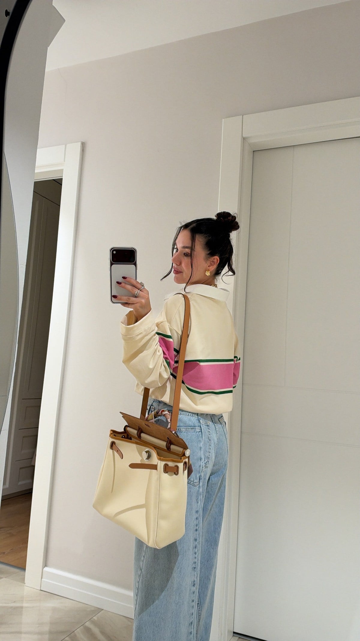 Zra model beige and pink Striped Polo Shirt