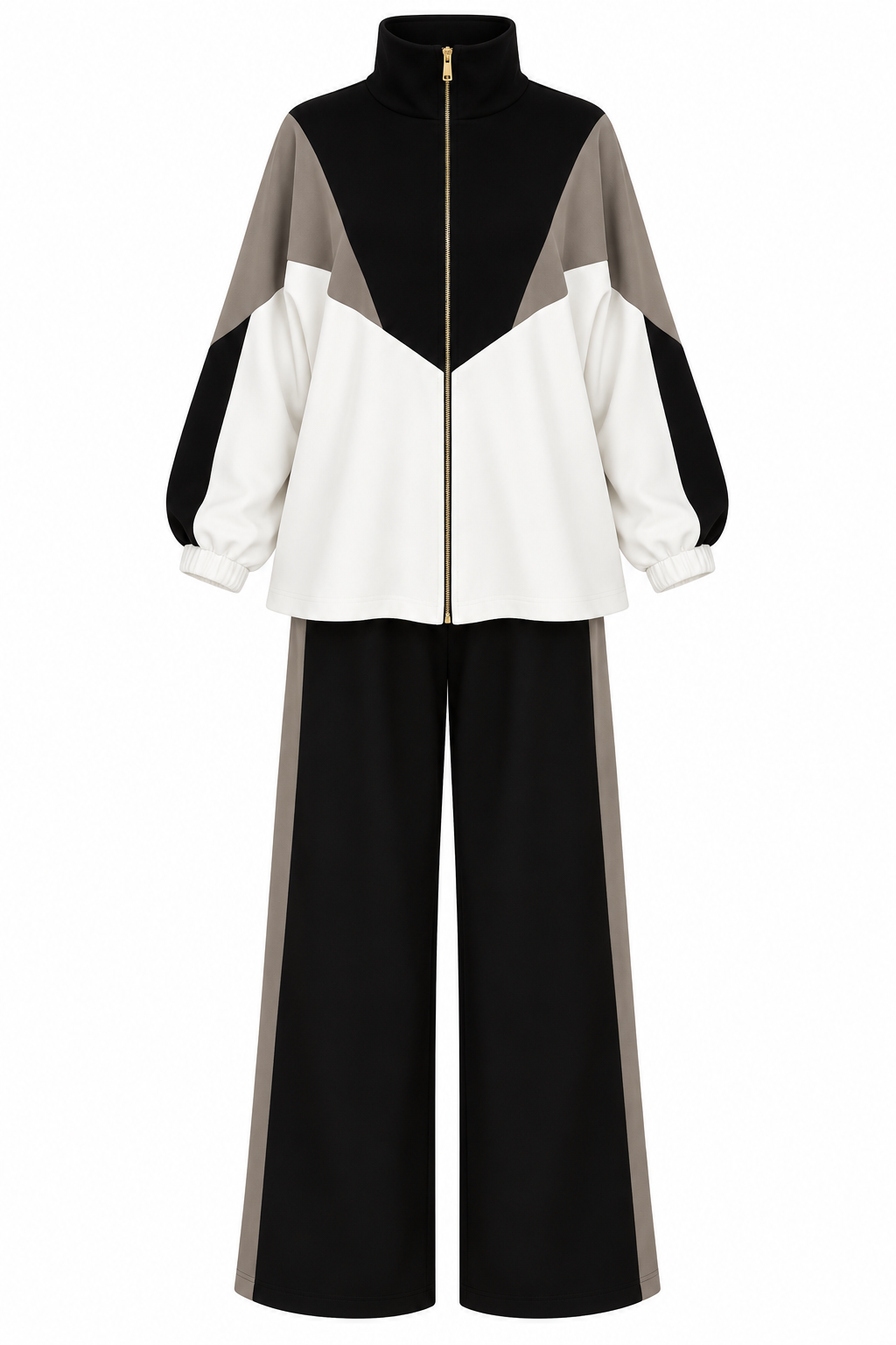 Contrast Panel Zip-Up Jacket & Wide-Leg Pants Set