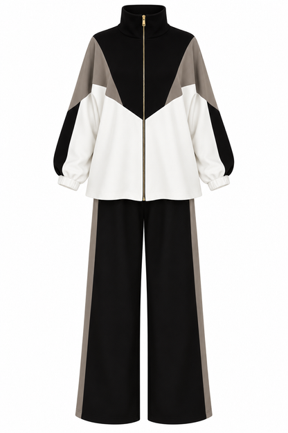 Contrast Panel Zip-Up Jacket & Wide-Leg Pants Set