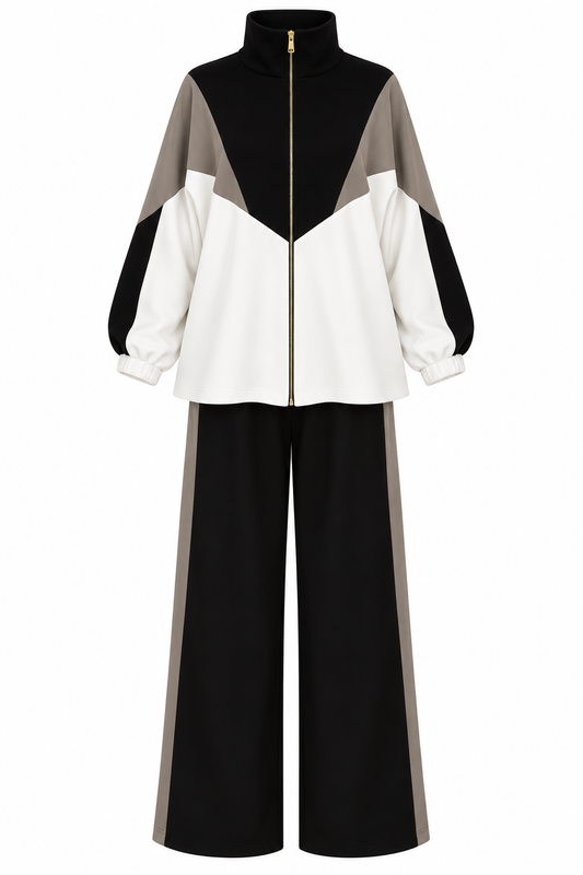 Contrast Panel Zip-Up Jacket & Wide-Leg Pants Set