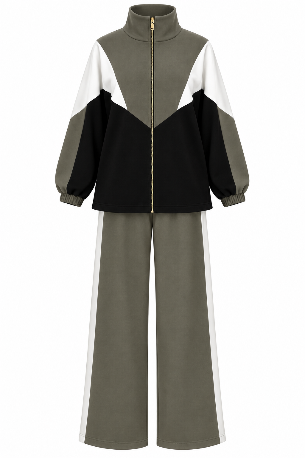 Contrast Panel Zip-Up Jacket & Wide-Leg Pants Set