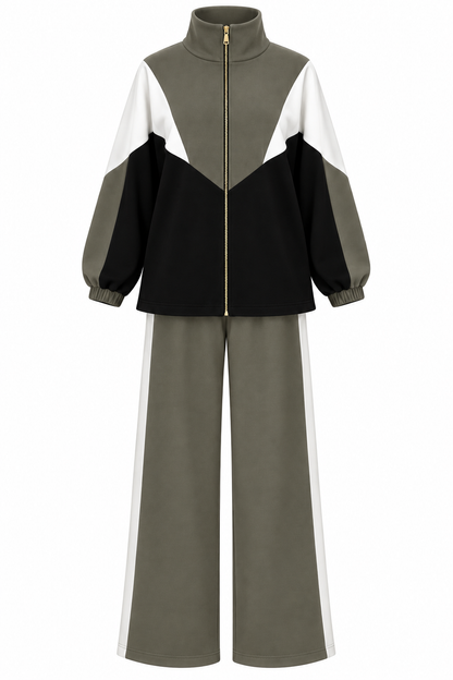 Contrast Panel Zip-Up Jacket & Wide-Leg Pants Set