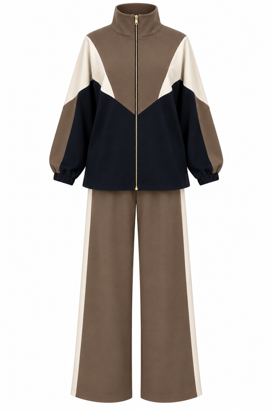 Contrast Panel Zip-Up Jacket & Wide-Leg Pants Set