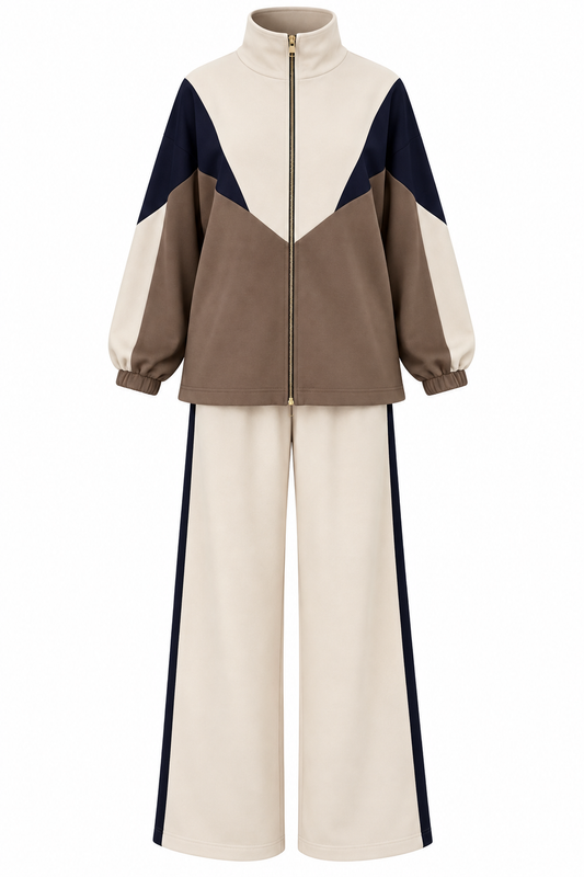 Contrast Panel Zip-Up Jacket & Wide-Leg Pants Set
