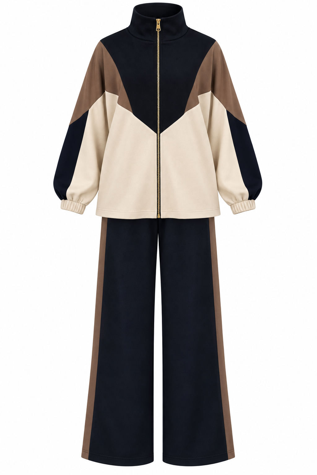 Contrast Panel Zip-Up Jacket & Wide-Leg Pants Set
