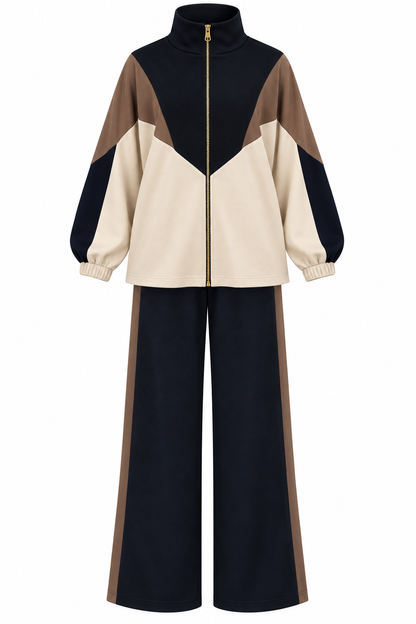 Contrast Panel Zip-Up Jacket & Wide-Leg Pants Set