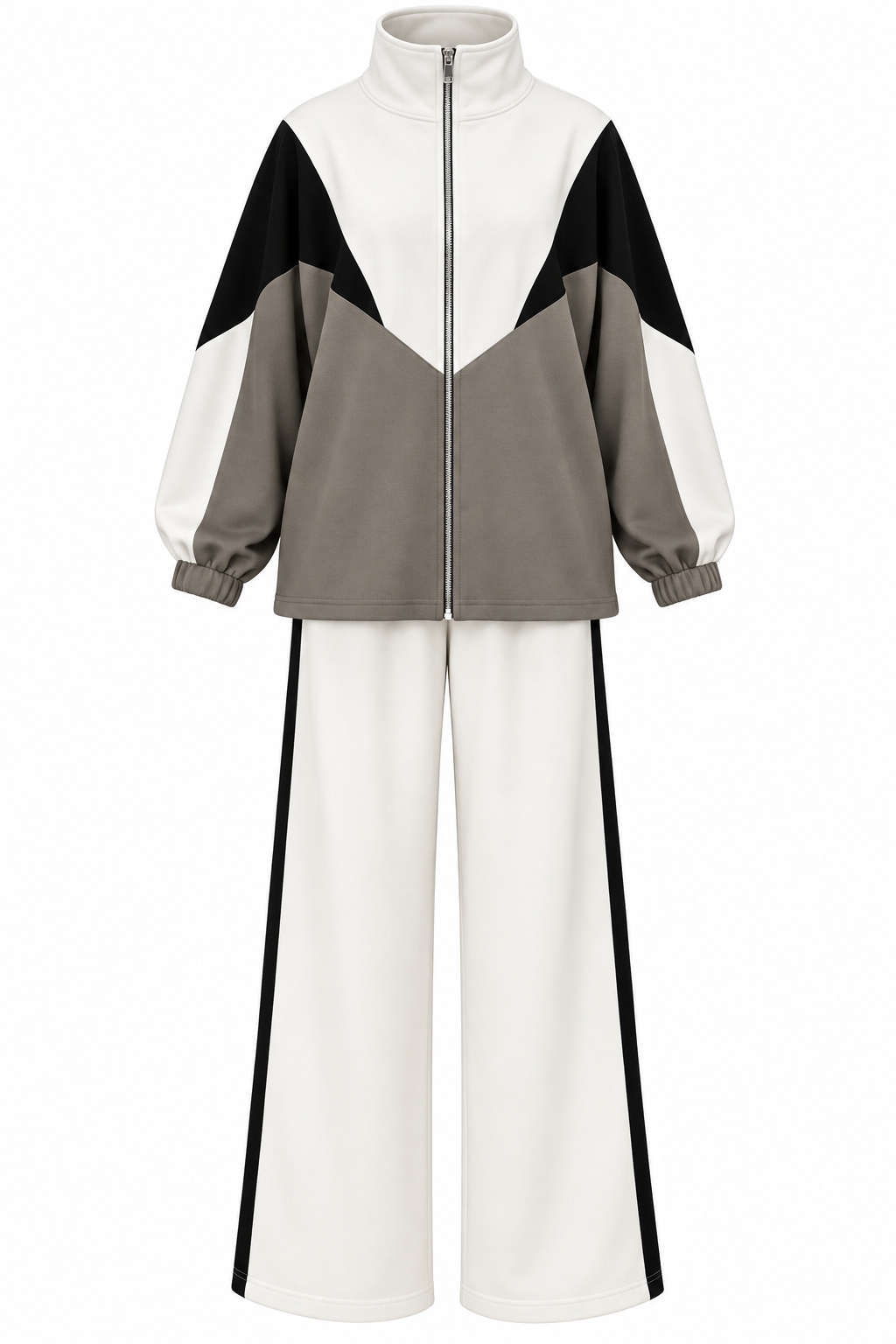 Contrast Panel Zip-Up Jacket & Wide-Leg Pants Set