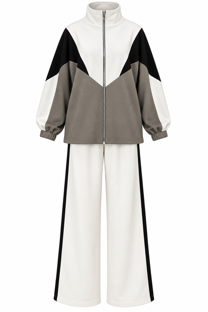 Contrast Panel Zip-Up Jacket & Wide-Leg Pants Set