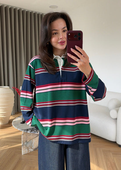 Zra model Green and Navy Striped Polo Shirt