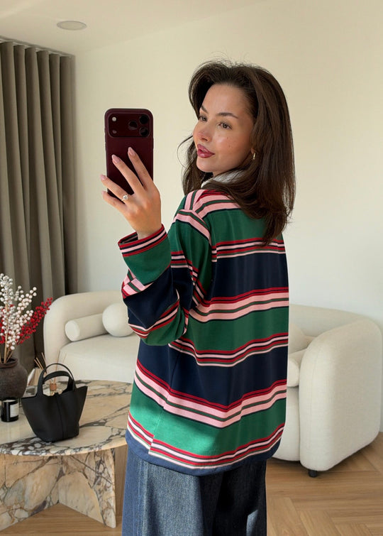 Zra model Green and Navy Striped Polo Shirt