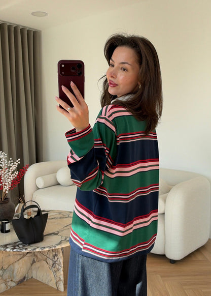 Zra model Green and Navy Striped Polo Shirt