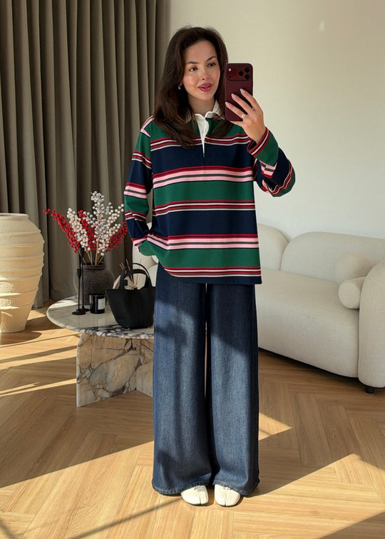Zra model Green and Navy Striped Polo Shirt