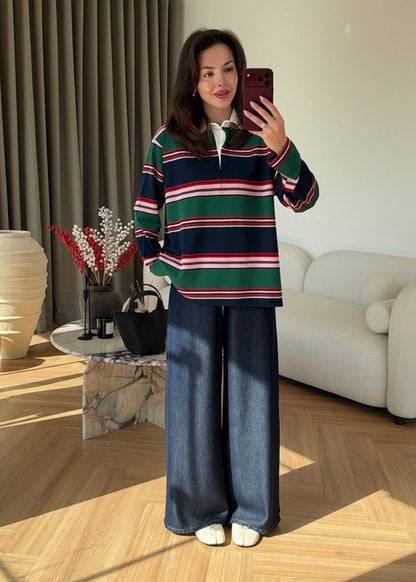 Zra model Green and Navy Striped Polo Shirt