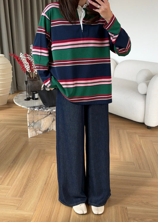 Zra model Green and Navy Striped Polo Shirt