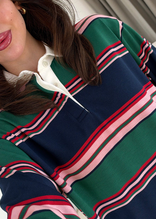 Zra model Green and Navy Striped Polo Shirt