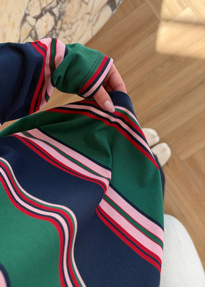 Zra model Green and Navy Striped Polo Shirt