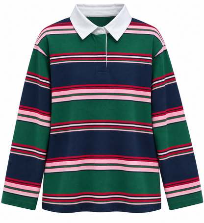 Zra model Green and Navy Striped Polo Shirt
