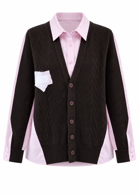 Patchwork knitted chest- Panel Shirt - brown