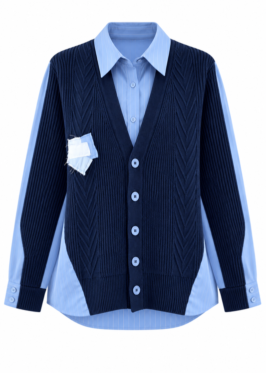 Patchwork knitted chest- Panel Shirt  - navy blue