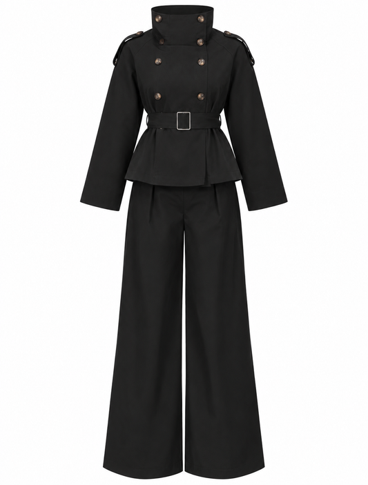 belted trenchcoat with wide leg trouser co-ord set - black