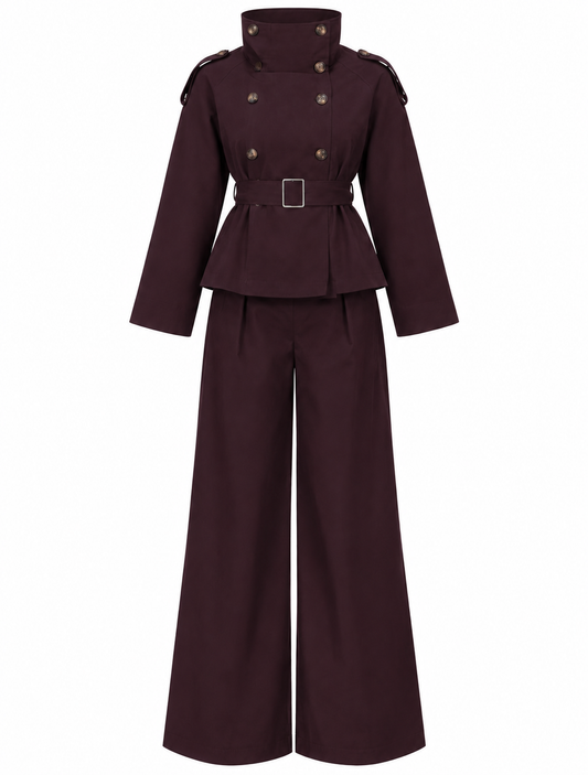 belted trenchcoat with wide leg trouser co-ord set - deep plum