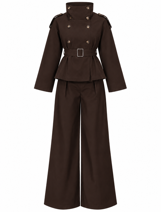 belted trenchcoat with wide leg trouser co-ord set - brown