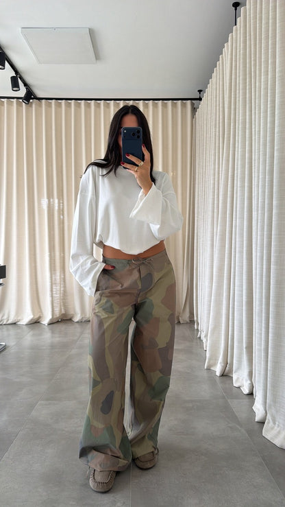 Drawstring Camouflage Wide-Leg Pants