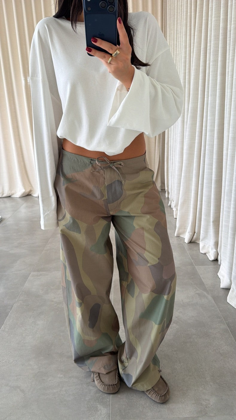 Drawstring Camouflage Wide-Leg Pants