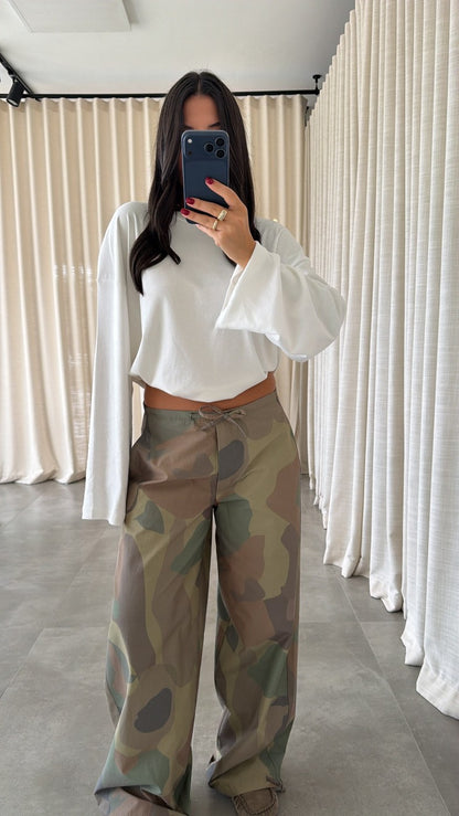 Drawstring Camouflage Wide-Leg Pants