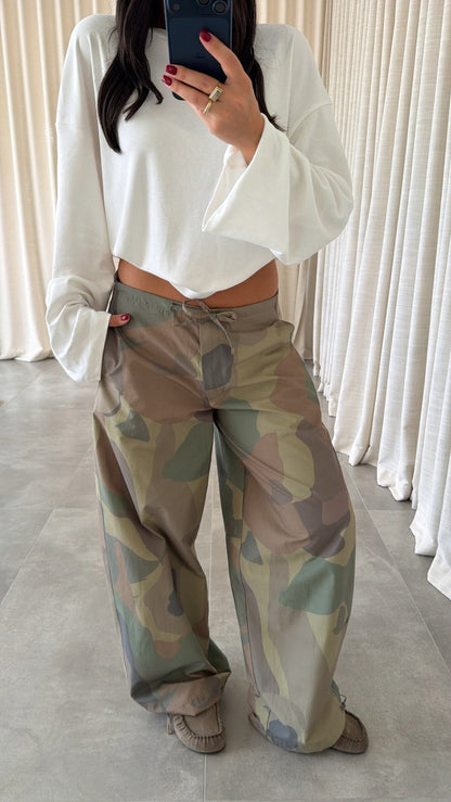 Drawstring Camouflage Wide-Leg Pants