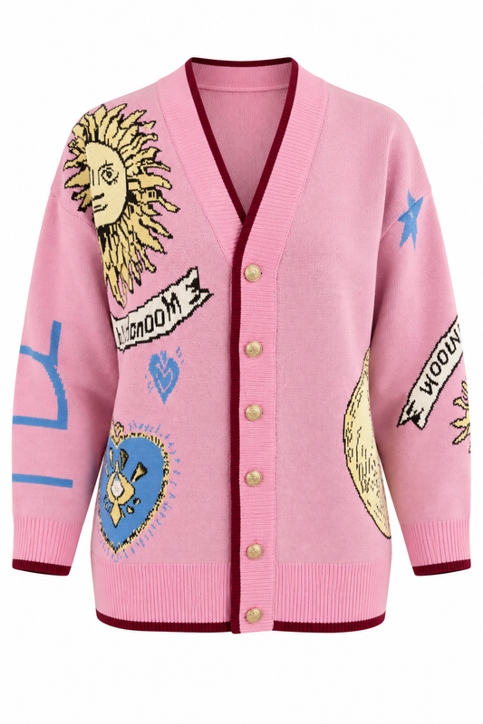 Graphic Button-Up Cardigan - pink