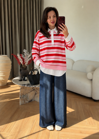 Striped Polo neck cotton blouse