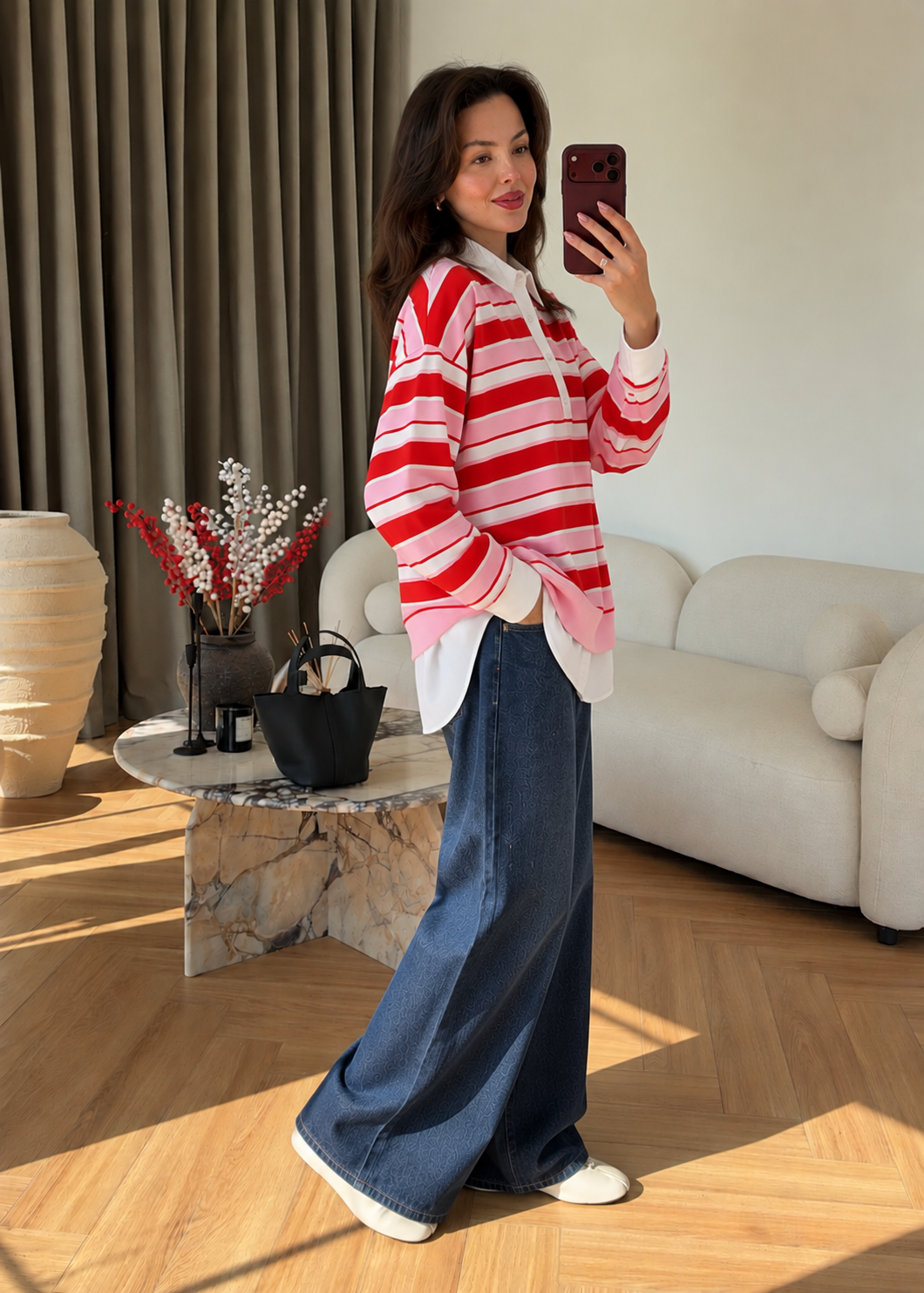 Striped Polo neck cotton blouse