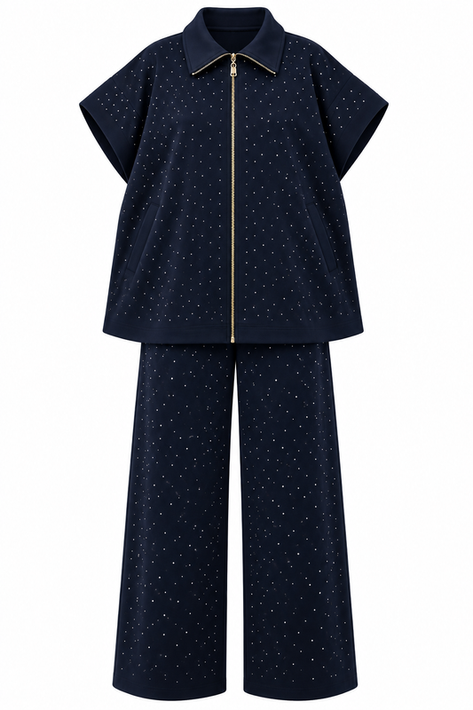 Cotton Set with a Sleeveless Design, Fully Embellished with Rhinestones - navy blue