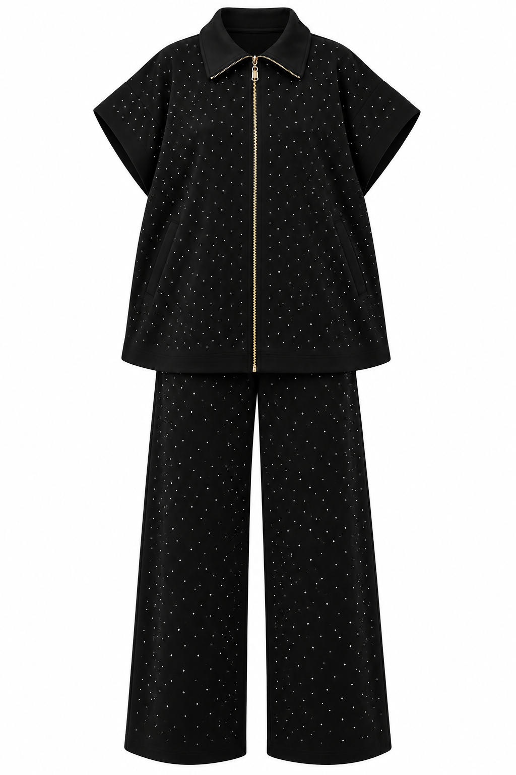 Cotton Set with a Sleeveless Design, Fully Embellished with Rhinestones - black