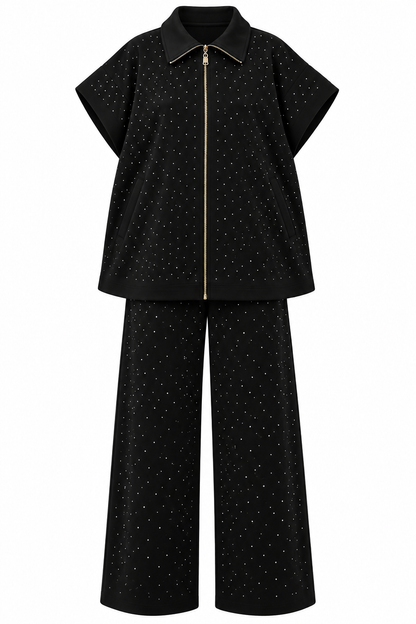 Cotton Set with a Sleeveless Design, Fully Embellished with Rhinestones - black