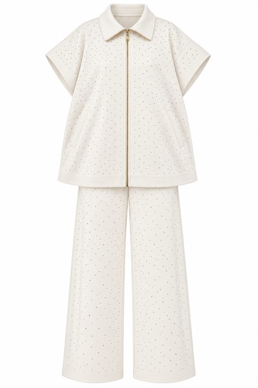 Cotton Set with a Sleeveless Design, Fully Embellished with Rhinestones - white