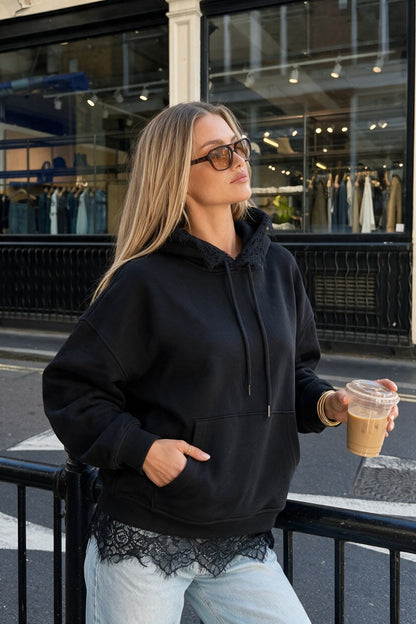 Hoodie with lace details - black