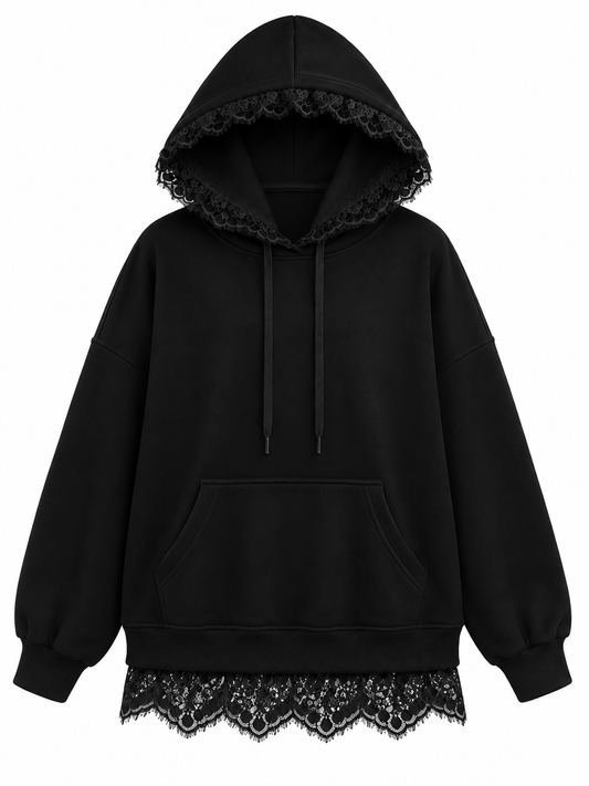 Hoodie with lace details - black